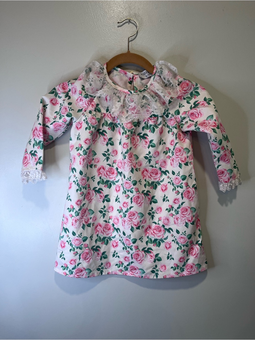 VTG HILEELANG Girls Floral Lace Collar Dress - White with Pink Roses